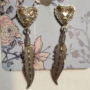Vintage Navajo Sterling & Black Hills Gold Heart & Feather Earrings